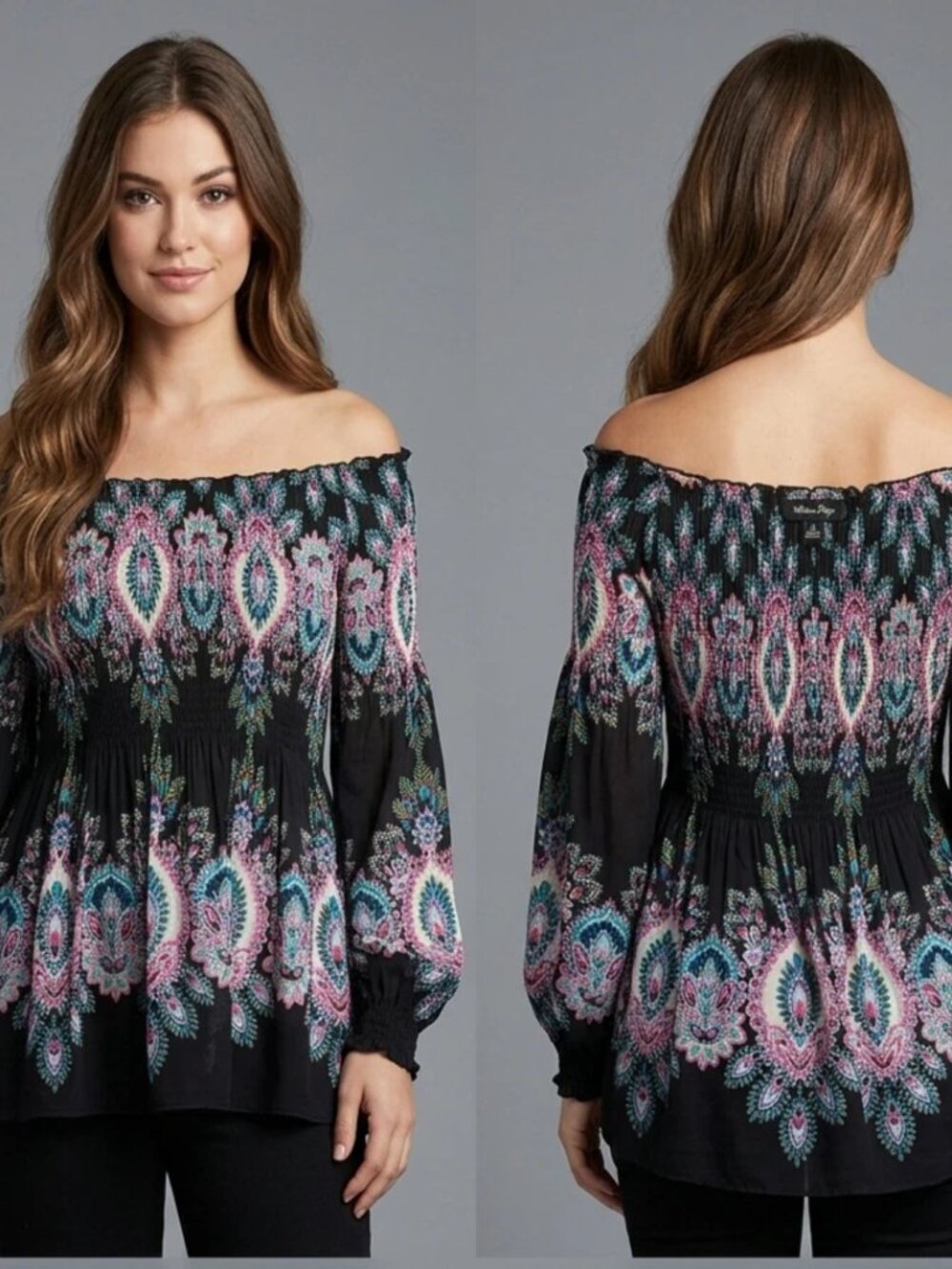 Melissa Paige Boho Paisley Blouse Large Black Pink Blue Smocked Peasant Top